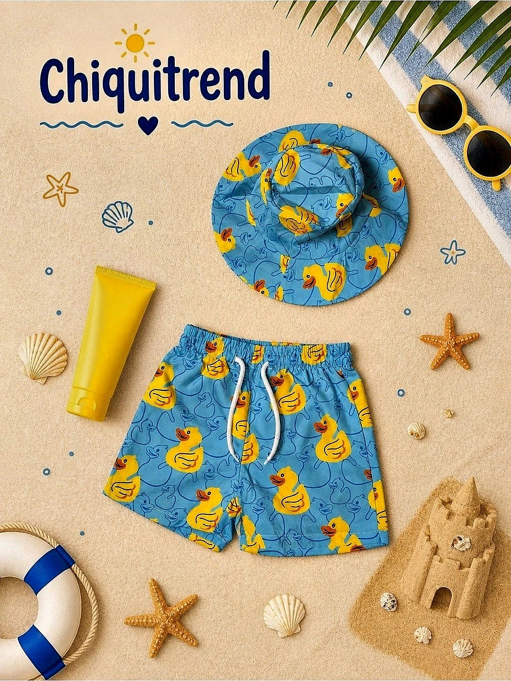 Chiquitrend Kids Duck Print Swim Trunks Set in Blue & Yellow